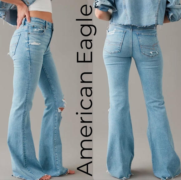 American Eagle Outfitters Denim - American Eagle Super High Rise Flare Light Wash Distressed Stretch Jeans 4 Long